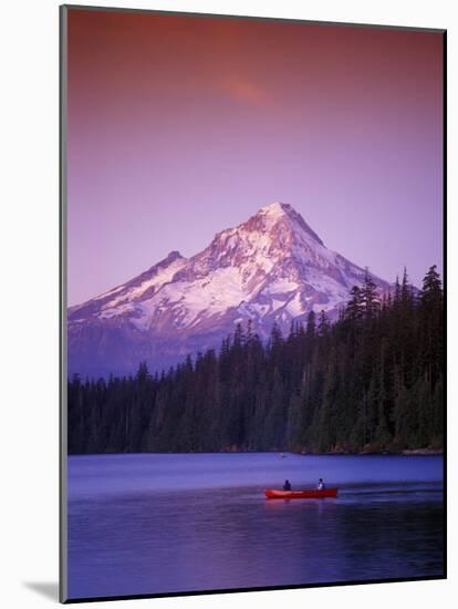 Boys in Canoe on Lost Lake with Mt Hood in the Distance, Mt Hood National Forest, Oregon, USA-Janis Miglavs-Mounted Photographic Print