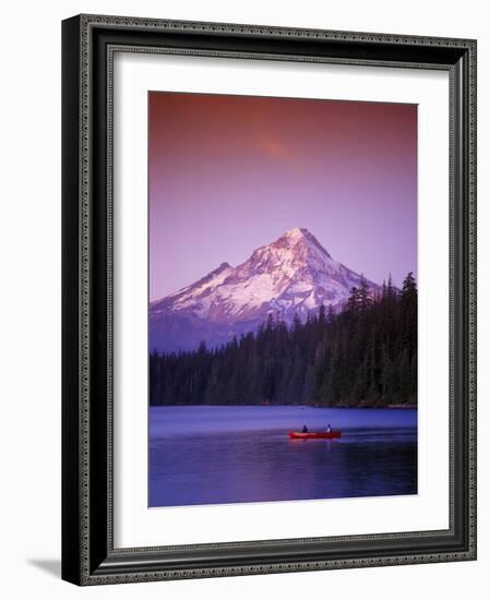 Boys in Canoe on Lost Lake with Mt Hood in the Distance, Mt Hood National Forest, Oregon, USA-Janis Miglavs-Framed Photographic Print