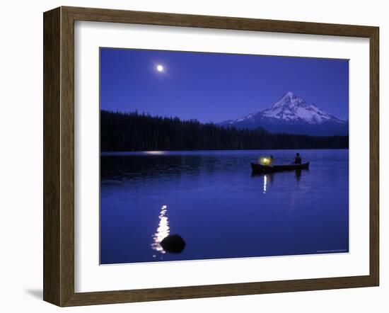 Boys in Canoe on Lost Lake with Mt Hood in the Distance, Mt Hood National Forest, Oregon, USA-Janis Miglavs-Framed Photographic Print