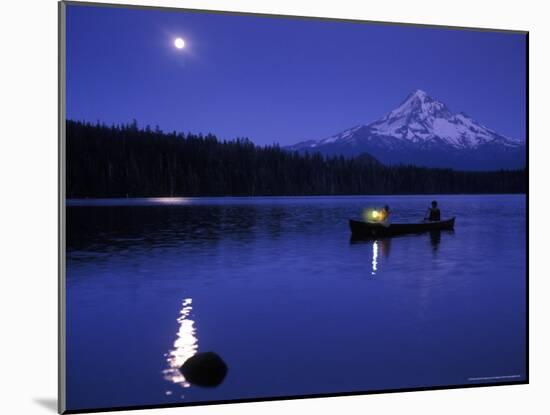 Boys in Canoe on Lost Lake with Mt Hood in the Distance, Mt Hood National Forest, Oregon, USA-Janis Miglavs-Mounted Photographic Print