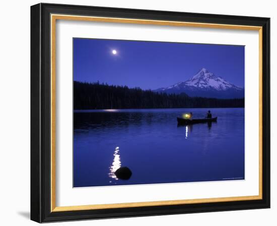 Boys in Canoe on Lost Lake with Mt Hood in the Distance, Mt Hood National Forest, Oregon, USA-Janis Miglavs-Framed Photographic Print