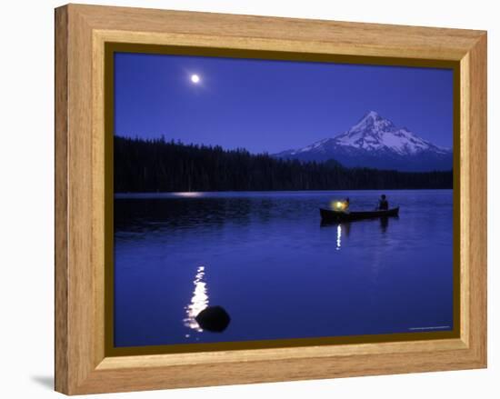 Boys in Canoe on Lost Lake with Mt Hood in the Distance, Mt Hood National Forest, Oregon, USA-Janis Miglavs-Framed Premier Image Canvas