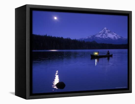 Boys in Canoe on Lost Lake with Mt Hood in the Distance, Mt Hood National Forest, Oregon, USA-Janis Miglavs-Framed Premier Image Canvas