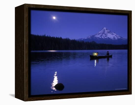 Boys in Canoe on Lost Lake with Mt Hood in the Distance, Mt Hood National Forest, Oregon, USA-Janis Miglavs-Framed Premier Image Canvas