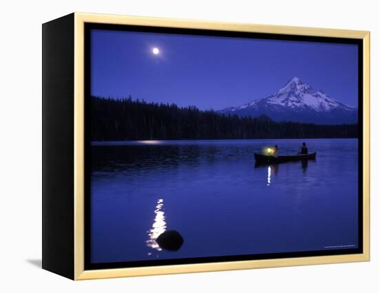 Boys in Canoe on Lost Lake with Mt Hood in the Distance, Mt Hood National Forest, Oregon, USA-Janis Miglavs-Framed Premier Image Canvas