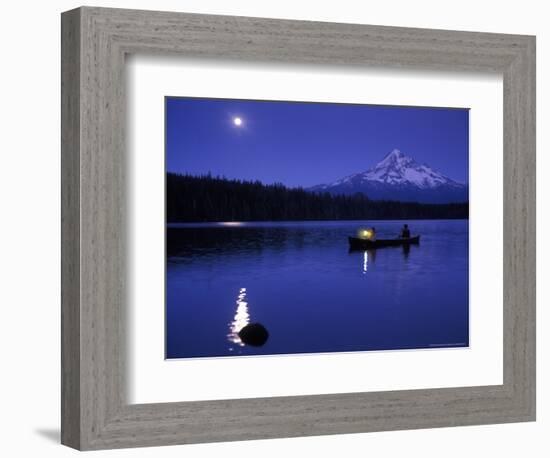 Boys in Canoe on Lost Lake with Mt Hood in the Distance, Mt Hood National Forest, Oregon, USA-Janis Miglavs-Framed Photographic Print