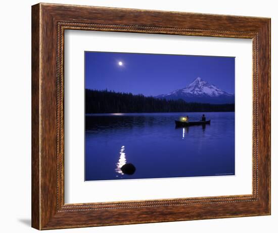 Boys in Canoe on Lost Lake with Mt Hood in the Distance, Mt Hood National Forest, Oregon, USA-Janis Miglavs-Framed Photographic Print