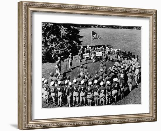 Boys in Circle for Ceremony Before Playing Young American Football League Games-Alfred Eisenstaedt-Framed Photographic Print