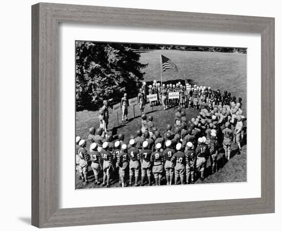 Boys in Circle for Ceremony Before Playing Young American Football League Games-Alfred Eisenstaedt-Framed Photographic Print