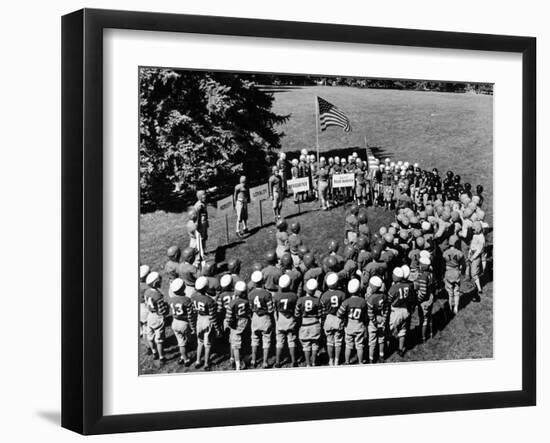 Boys in Circle for Ceremony Before Playing Young American Football League Games-Alfred Eisenstaedt-Framed Photographic Print