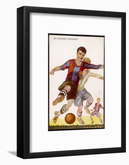 Boys Playing Football in Spanish Team Colours-null-Framed Photographic Print