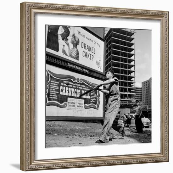 Boys Playing Stickball in Vacant Lot Next to Drake's Cake and Movie "Carnegie Hall"-Ralph Morse-Framed Photographic Print