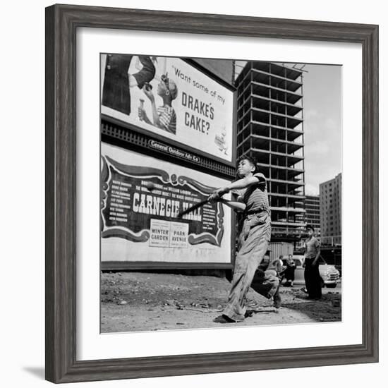 Boys Playing Stickball in Vacant Lot Next to Drake's Cake and Movie "Carnegie Hall"-Ralph Morse-Framed Photographic Print