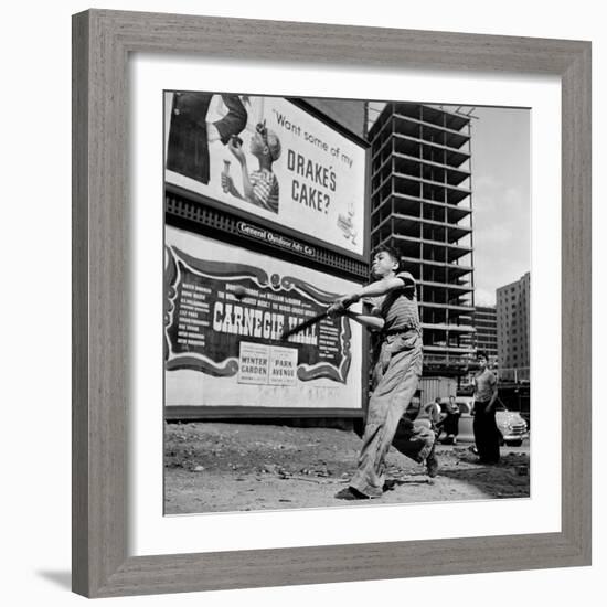 Boys Playing Stickball in Vacant Lot Next to Drake's Cake and Movie "Carnegie Hall"-Ralph Morse-Framed Photographic Print