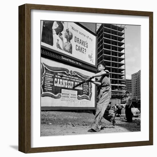 Boys Playing Stickball in Vacant Lot Next to Drake's Cake and Movie "Carnegie Hall"-Ralph Morse-Framed Photographic Print