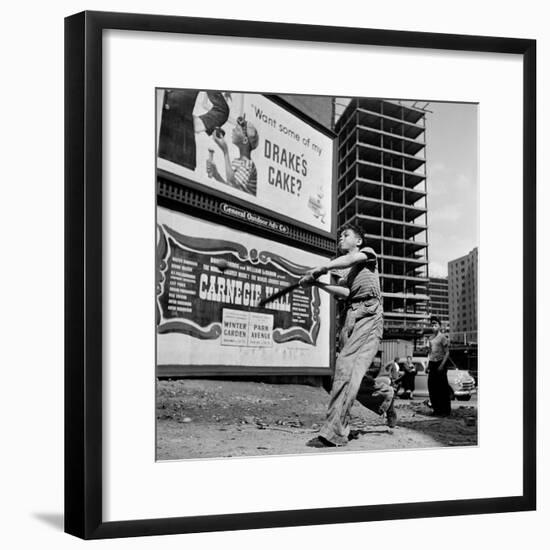 Boys Playing Stickball in Vacant Lot Next to Drake's Cake and Movie "Carnegie Hall"-Ralph Morse-Framed Photographic Print