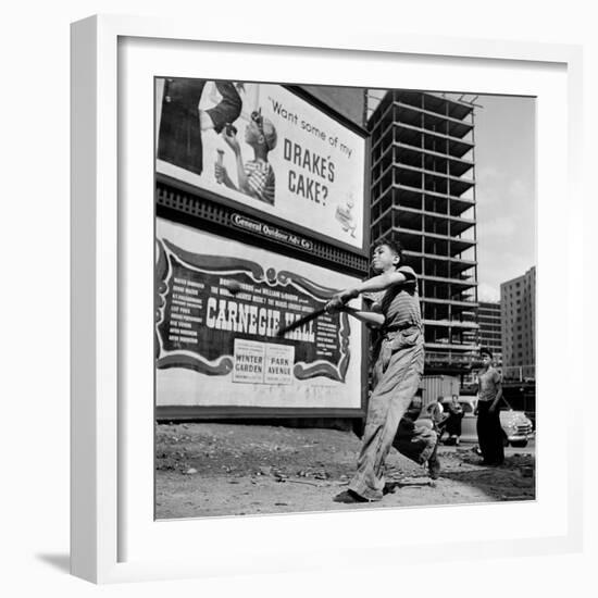 Boys Playing Stickball in Vacant Lot Next to Drake's Cake and Movie "Carnegie Hall"-Ralph Morse-Framed Photographic Print