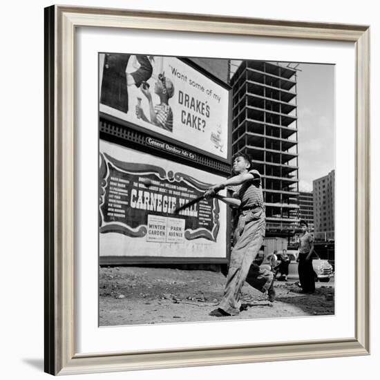 Boys Playing Stickball in Vacant Lot Next to Drake's Cake and Movie "Carnegie Hall"-Ralph Morse-Framed Photographic Print