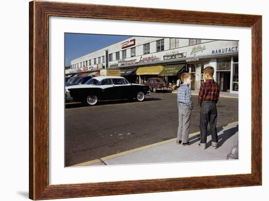 Boys Standing Alongside Strip Mall Parking Lot-William P. Gottlieb-Framed Photographic Print