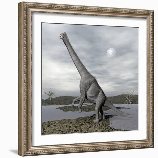 Brachiosaurus Dinosaur Backdropped by a Full Moon-null-Framed Art Print