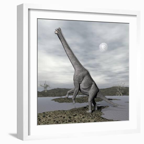 Brachiosaurus Dinosaur Backdropped by a Full Moon-null-Framed Art Print