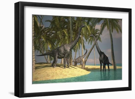 Brachiosaurus Dinosaurs Grazing at the Water's Edge-null-Framed Art Print