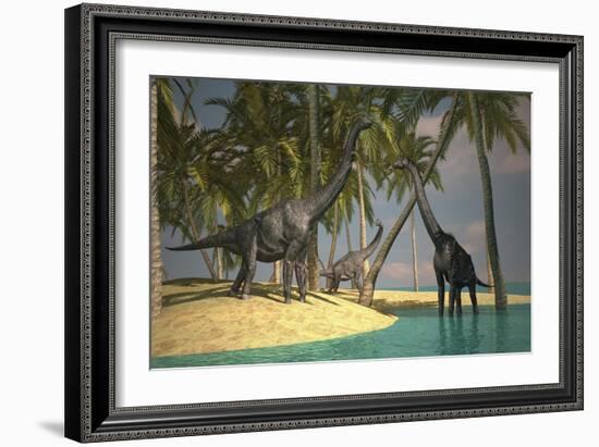 Brachiosaurus Dinosaurs Grazing at the Water's Edge-null-Framed Art Print