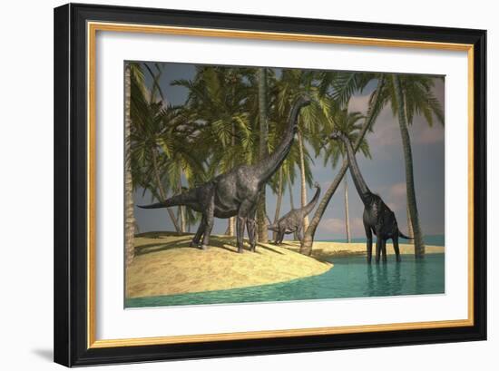 Brachiosaurus Dinosaurs Grazing at the Water's Edge-null-Framed Art Print