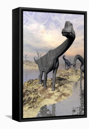 Brachiosaurus Dinosaurs Near Water with Reflection by Sunset and Full Moon-null-Framed Stretched Canvas