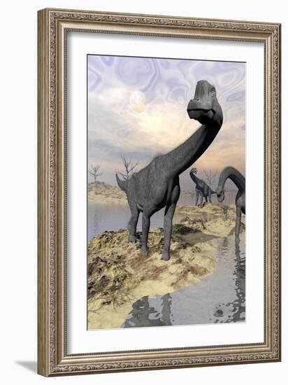 Brachiosaurus Dinosaurs Near Water with Reflection by Sunset and Full Moon-null-Framed Art Print