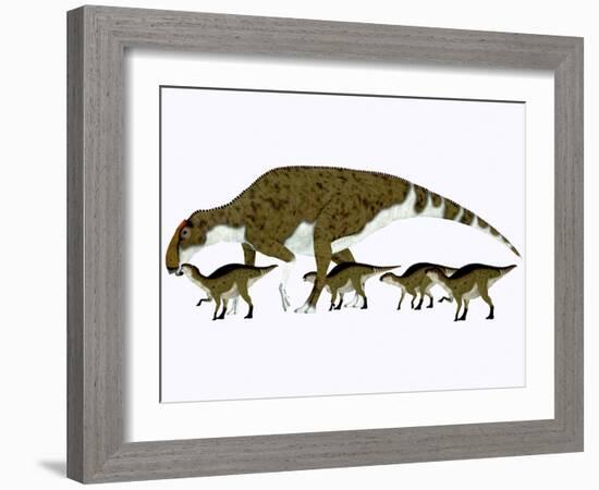 Brachylophosaurus with Offspring-Stocktrek Images-Framed Art Print