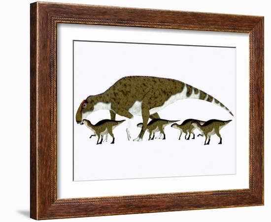 Brachylophosaurus with Offspring-Stocktrek Images-Framed Art Print