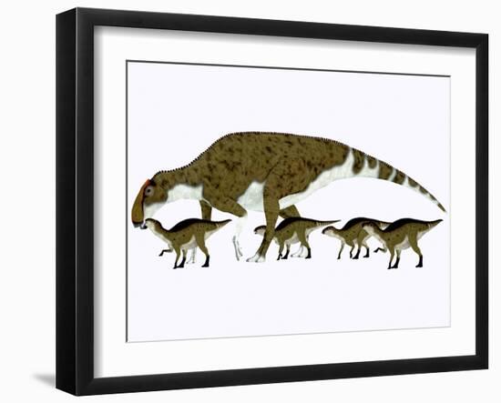 Brachylophosaurus with Offspring-Stocktrek Images-Framed Art Print