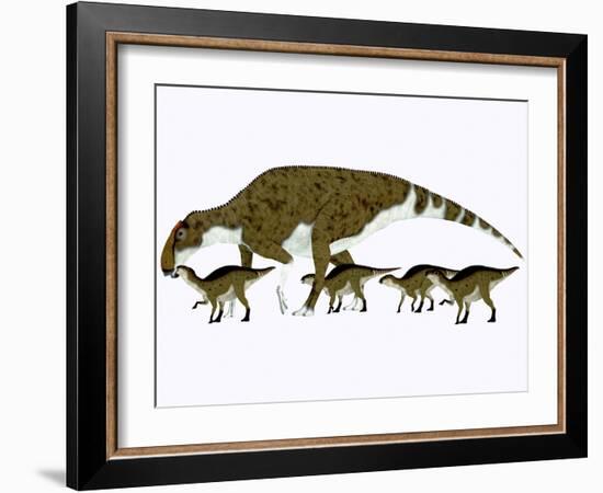 Brachylophosaurus with Offspring-Stocktrek Images-Framed Art Print