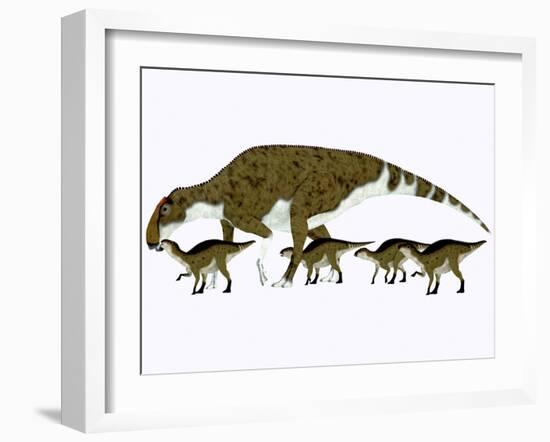 Brachylophosaurus with Offspring-Stocktrek Images-Framed Art Print