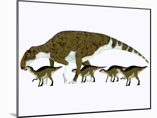 Brachylophosaurus with Offspring-Stocktrek Images-Mounted Art Print