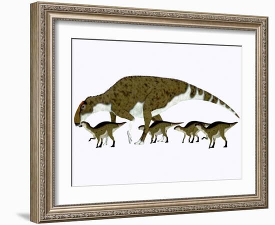 Brachylophosaurus with Offspring-Stocktrek Images-Framed Premium Giclee Print