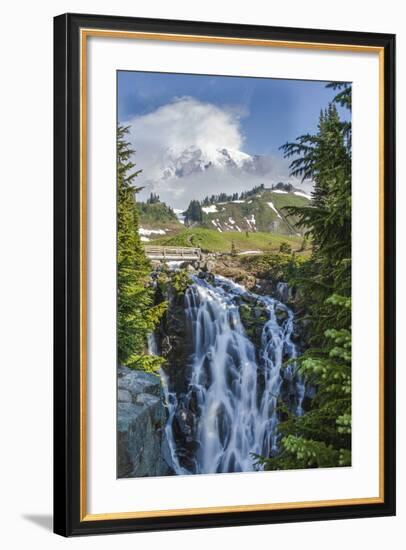 Braided Myrtle Falls and Mt Rainier, Skyline Trail, NP, Washington-Michael Qualls-Framed Photographic Print