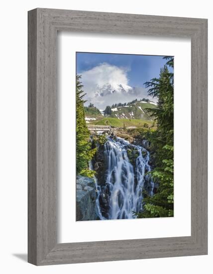 Braided Myrtle Falls and Mt Rainier, Skyline Trail, NP, Washington-Michael Qualls-Framed Photographic Print