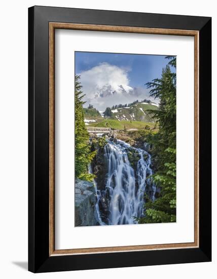 Braided Myrtle Falls and Mt Rainier, Skyline Trail, NP, Washington-Michael Qualls-Framed Photographic Print