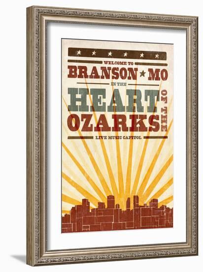 Branson, Missouri - Skyline and Sunburst Screenprint Style-Lantern Press-Framed Art Print