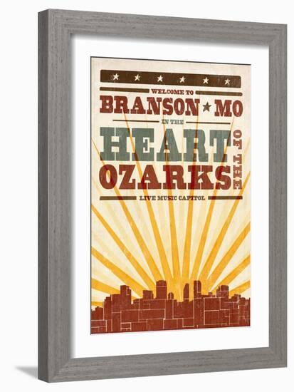 Branson, Missouri - Skyline and Sunburst Screenprint Style-Lantern Press-Framed Art Print