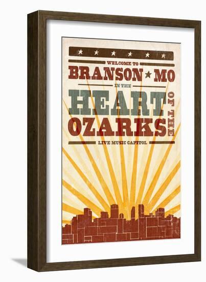 Branson, Missouri - Skyline and Sunburst Screenprint Style-Lantern Press-Framed Art Print