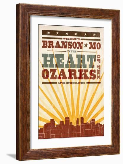 Branson, Missouri - Skyline and Sunburst Screenprint Style-Lantern Press-Framed Art Print