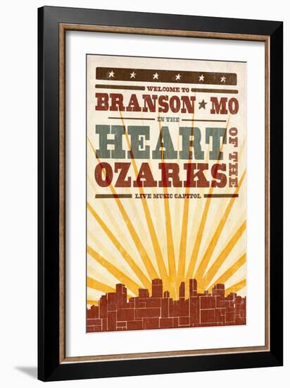 Branson, Missouri - Skyline and Sunburst Screenprint Style-Lantern Press-Framed Art Print