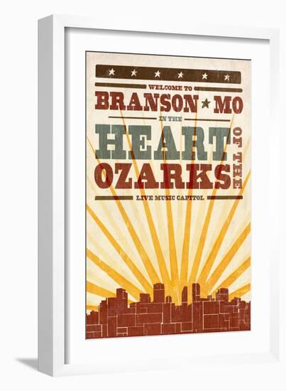 Branson, Missouri - Skyline and Sunburst Screenprint Style-Lantern Press-Framed Art Print