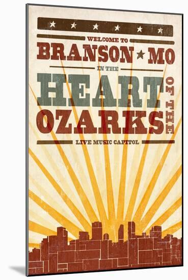 Branson, Missouri - Skyline and Sunburst Screenprint Style-Lantern Press-Mounted Art Print