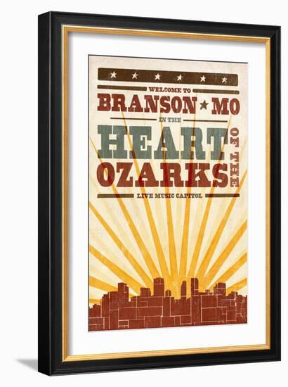 Branson, Missouri - Skyline and Sunburst Screenprint Style-Lantern Press-Framed Art Print