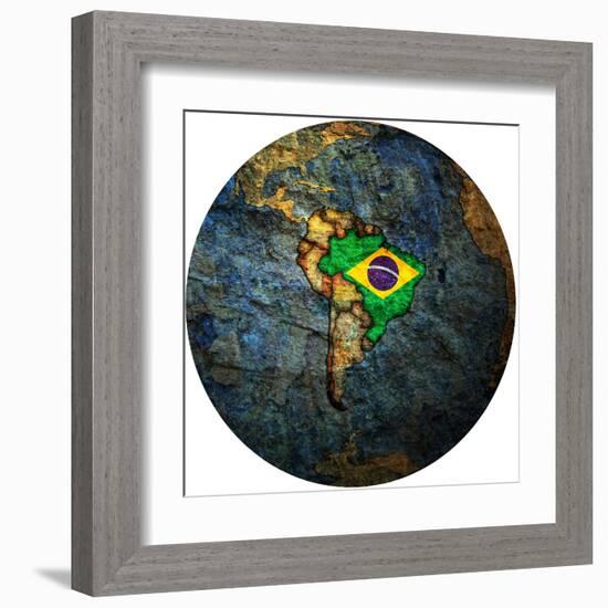 Brazil Flag On Globe Map-michal812-Framed Art Print