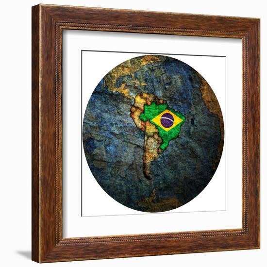 Brazil Flag On Globe Map-michal812-Framed Art Print